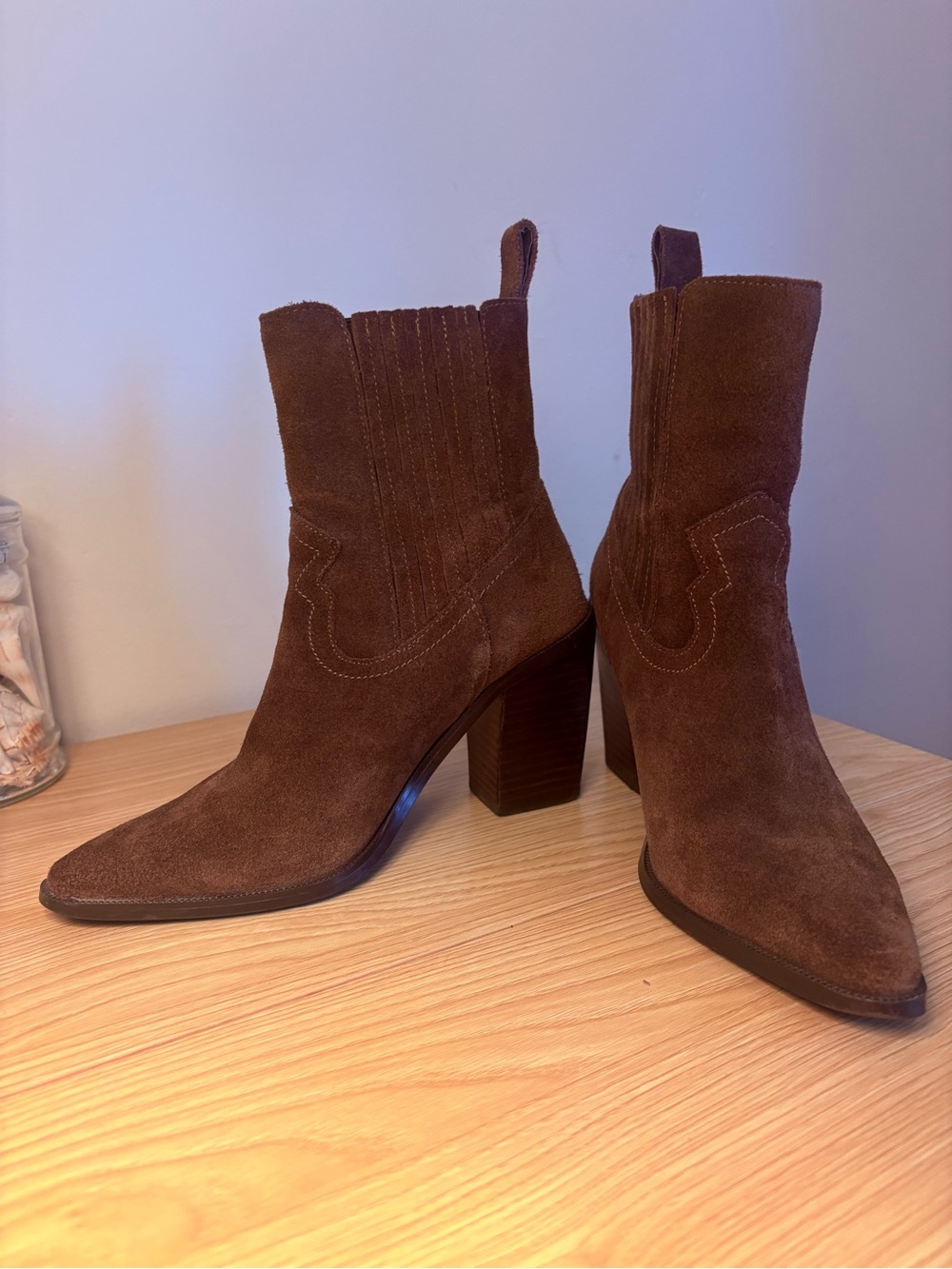 Aqua Brown Suede Western-Inspired Block Heel Ankle Boots